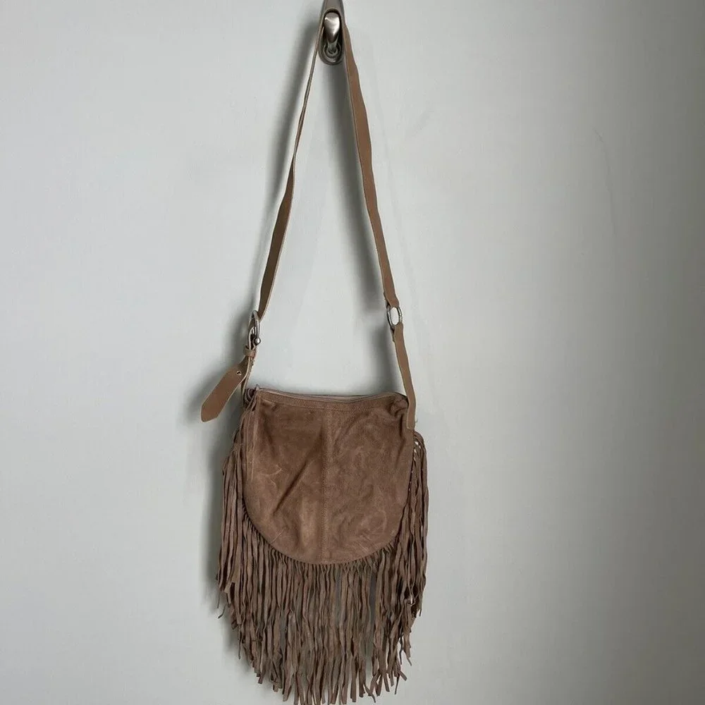 Genuine Leatherock Tan Leather Suede Fringed Crossbody Purse - Picture 1 of 9